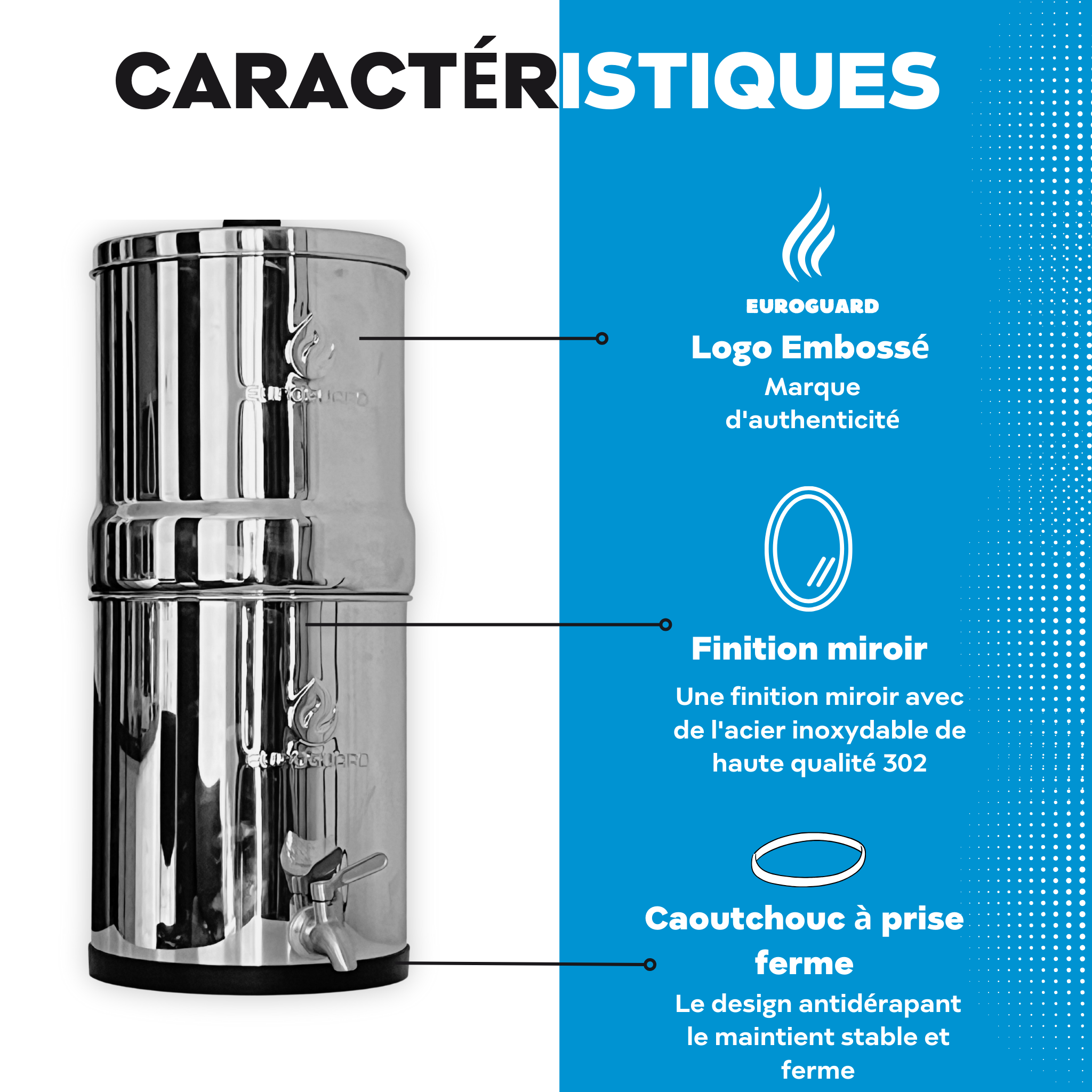 Filtre à Gravité EuroGuard Inox - Finition Miroir en Acier Inoxydable - Filtre à Eau et Purificateur d’Eau