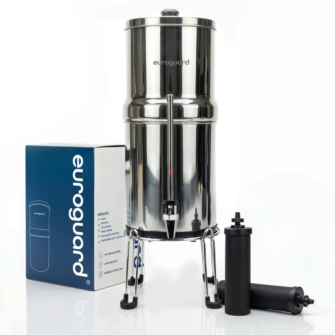 EuroGuard 8.5 Litre Stainless Steel - Water Filter and Water Purifier (Transparent Stand and Tap, Shiny Silver)