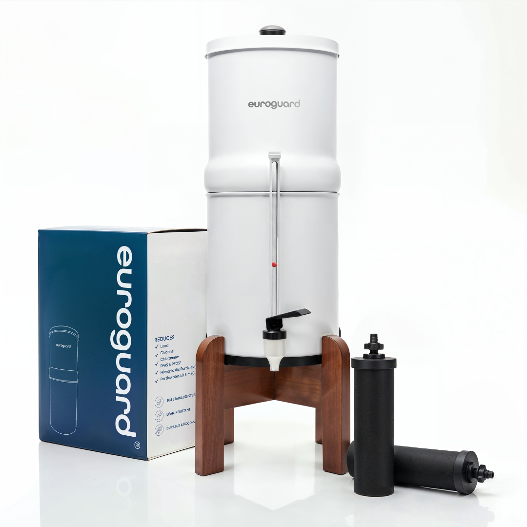 Inox Blanc Édition Limitée - Filtre à Eau et Purificateur d’Eau (support bois + robinet niveau d’eau)