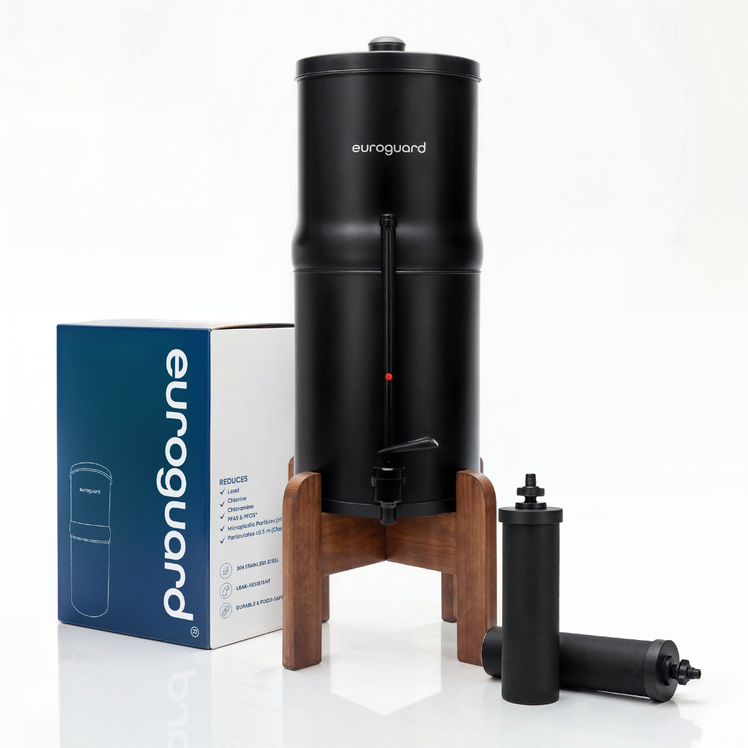 Inox Noir Édition Limitée - Filtre à Eau et Purificateur d’Eau (support bois + robinet niveau d’eau)